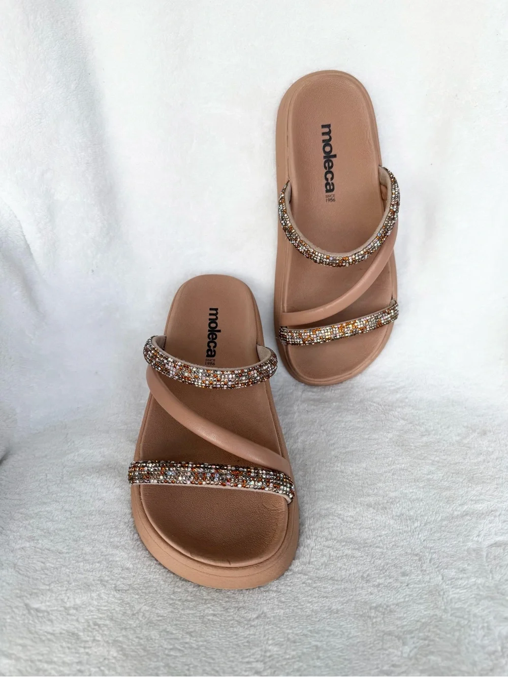 Moleca Big Girls' Blush Tan Slide Sandals with Sparkle Straps Size 4